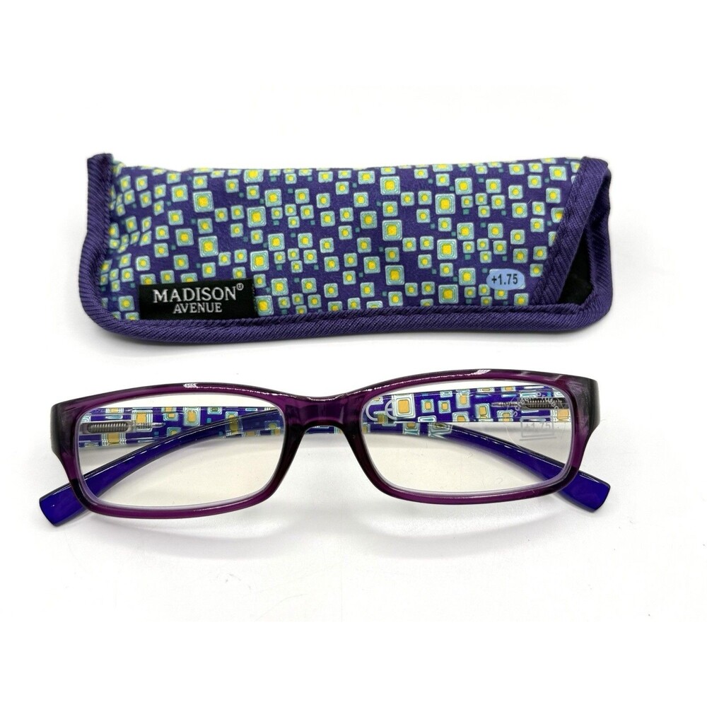 Madison Avenue +1.75 Adult Reading Glasses With Blue Blocker, Case Patterned NEW